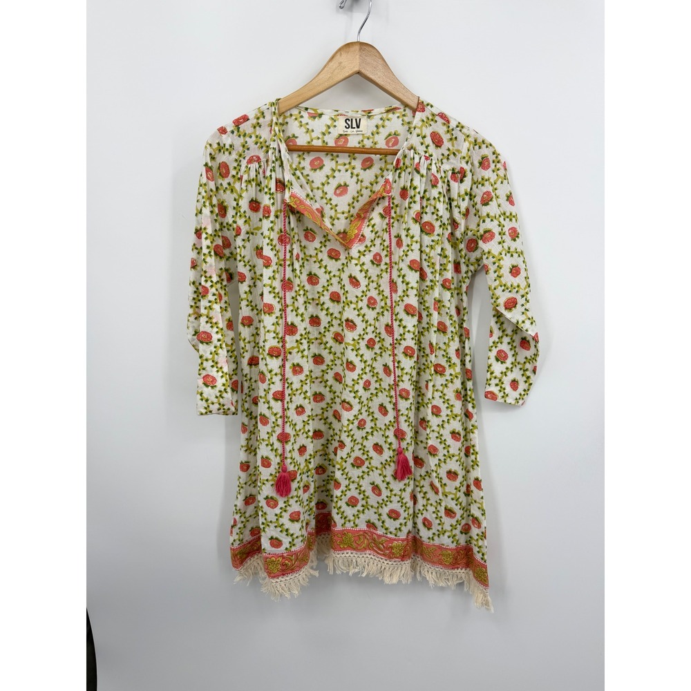 SLV Sur La Vague IVY Tunic Cotton Cover Up Floral Top White Pink Fringe OS